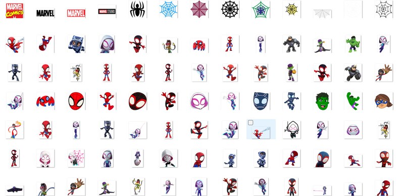 Puede incluir: Una colecci&oacute;n de 49 im&aacute;genes de dibujos animados coloridos con personajes de Spider-Man, incluidos Spider-Man, Spider-Gwen, Miles Morales y Black Panther. Las im&aacute;genes est&aacute;n sobre un fondo blanco. El logotipo de Marvel Comics es visible en la esquina superior izquierda.