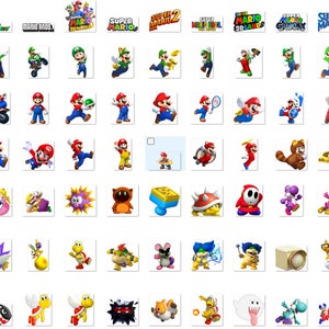 Op de afbeelding: Een verzameling van 50 kleurrijke cartoon-iconen met Mario en andere personages uit de Super Mario-videogameserie. De iconen tonen Mario in verschillende poses, evenals andere personages zoals Luigi, Peach, Bowser en Yoshi.