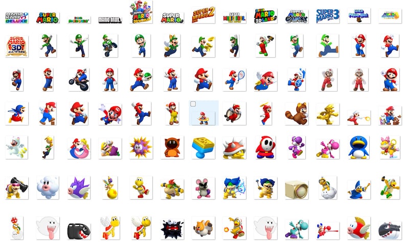 Op de afbeelding: Een verzameling van 50 kleurrijke cartoon-iconen met Mario en andere personages uit de Super Mario-videogameserie. De iconen tonen Mario in verschillende poses, evenals andere personages zoals Luigi, Peach, Bowser en Yoshi.