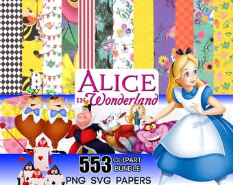 Alice in Wonderland Digital Paper, Alice in Wonderland PNG, Alice in Wonderland Clipart with Cheshire Cat Instant Digital Download