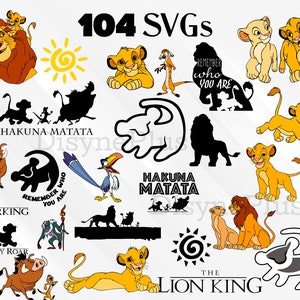 May include: A set of 104 SVG files featuring characters and symbols from the animated film The Lion King. The images include Simba, Mufasa, Nala, Pumbaa, Timon, Scar, and the iconic 'Hakuna Matata' phrase.