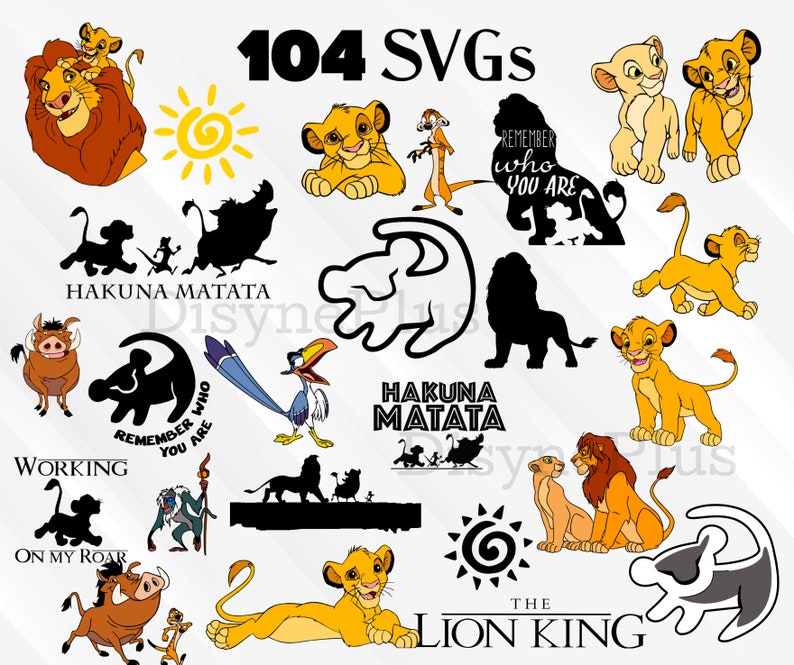 May include: A set of 104 SVG files featuring characters and symbols from the animated film The Lion King. The images include Simba, Mufasa, Nala, Pumbaa, Timon, Scar, and the iconic 'Hakuna Matata' phrase.