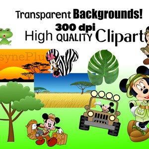 Op de afbeelding: Een set digitale clipart-afbeeldingen met Mickey Mouse en Minnie Mouse in safari-outfits. De afbeeldingen omvatten een groene boom, een jeep, een zonsondergangsscene, een zebraprint, een groen blad en een kikker. De tekst "Transparent Backgrounds! 300 dpi High Quality Clipart" staat bovenaan de afbeelding.