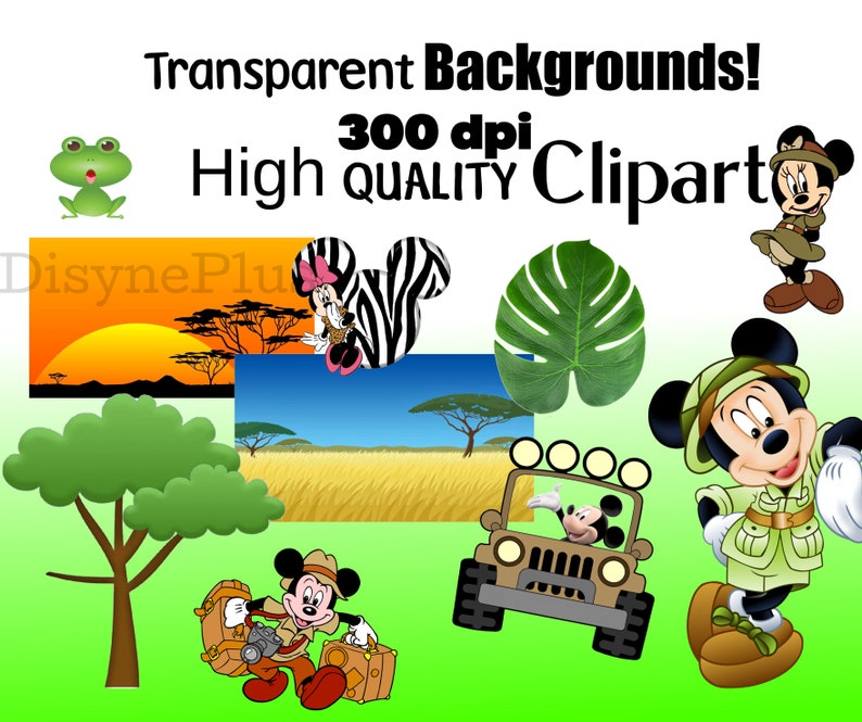 Op de afbeelding: Een set digitale clipart-afbeeldingen met Mickey Mouse en Minnie Mouse in safari-outfits. De afbeeldingen omvatten een groene boom, een jeep, een zonsondergangsscene, een zebraprint, een groen blad en een kikker. De tekst "Transparent Backgrounds! 300 dpi High Quality Clipart" staat bovenaan de afbeelding.