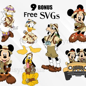 May include: Nine bonus free SVGs featuring Disney characters dressed in safari outfits. The characters include Mickey Mouse, Minnie Mouse, Donald Duck, Goofy, Pluto, and Daisy Duck. The characters are all wearing safari hats, shirts, and shorts. Some characters are holding binoculars or cameras.
