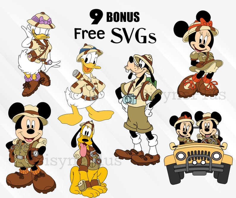 May include: Nine bonus free SVGs featuring Disney characters dressed in safari outfits. The characters include Mickey Mouse, Minnie Mouse, Donald Duck, Goofy, Pluto, and Daisy Duck. The characters are all wearing safari hats, shirts, and shorts. Some characters are holding binoculars or cameras.
