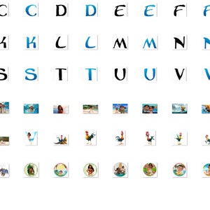 May include: A colorful alphabet chart with blue and black letters, followed by a row of images of tropical scenes, then a row of images of roosters, followed by a row of images of a character from the movie Moana, and finally a row of images of a crab.