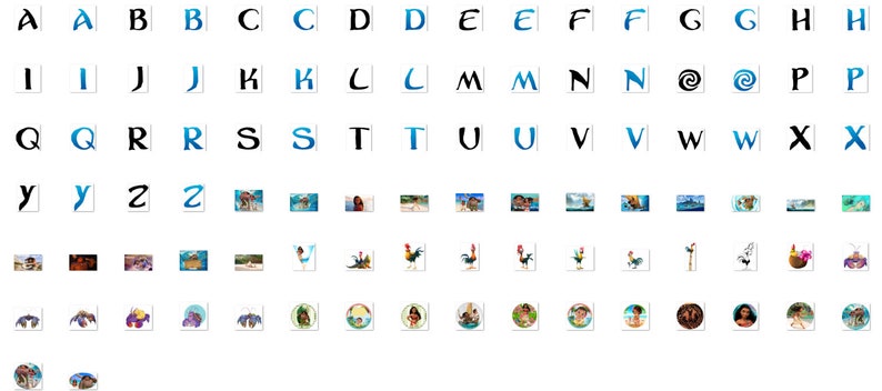 May include: A colorful alphabet chart with blue and black letters, followed by a row of images of tropical scenes, then a row of images of roosters, followed by a row of images of a character from the movie Moana, and finally a row of images of a crab.