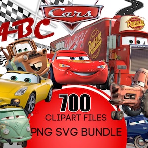 Cars PNG Clipart, Cars SVG, Planes and Cars Birthday Bundle, Instant Download Lightning Mcqueen Mater, Cars Font