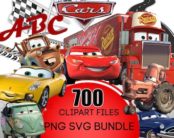 Cars PNG Clipart, Cars SVG, Planes and Cars Birthday Bundle, Instant Download Lightning Mcqueen Mater, Cars Font