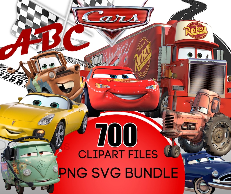 Bilar PNG Clipart, Bilar SVG, Flygplan och Bilar Födelsedagspaket, Direkt Nedladdning Lightning McQueen Mater, Bilar Typsnitt bild 1