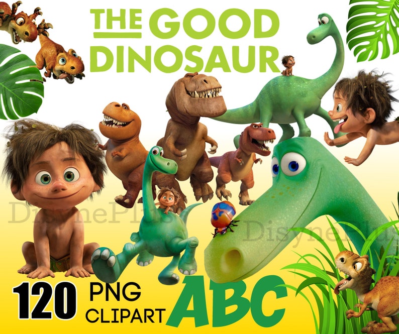 May include: A set of 120 PNG clipart images featuring characters from the animated film "The Good Dinosaur". The images include a green dinosaur, a brown dinosaur, a human boy, and a variety of other characters. The images are perfect for use in crafts, scrapbooking, and other creative projects.