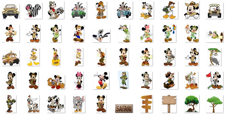 Op de afbeelding: Een verzameling van 48 cartoonafbeeldingen met Mickey Mouse en andere Disney-personages gekleed in safari-outfits. De afbeeldingen omvatten Mickey Mouse, Minnie Mouse, Donald Duck, Goofy, Pluto en anderen. De afbeeldingen zijn allemaal in een cartoon-stijl en zijn perfect voor gebruik in een verscheidenheid aan projecten, zoals scrapbooking, kaartmaken en digitaal ontwerp.