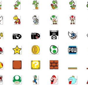 Op de afbeelding: Een verzameling van 80 kleurrijke gepixelde iconen met personages en objecten uit de Super Mario Bros. videogame-franchise. De iconen omvatten Mario, Luigi, Prinses Peach, Bowser, Goombas, Koopa Troopas en meer.