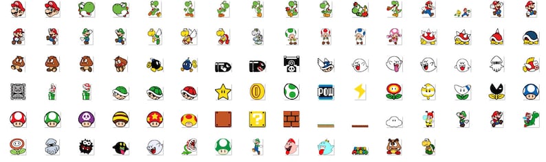 Op de afbeelding: Een verzameling van 80 kleurrijke gepixelde iconen met personages en objecten uit de Super Mario Bros. videogame-franchise. De iconen omvatten Mario, Luigi, Prinses Peach, Bowser, Goombas, Koopa Troopas en meer.