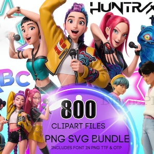 May include: A digital illustration featuring a group of animated characters holding microphones. The image includes the text "800 CLIPART FILES PNG SVG BUNDLE" and the word "ABC". The characters are in various outfits and poses, with vibrant colors.