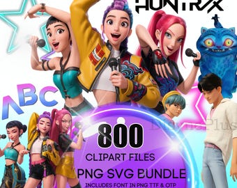 Kpop Clipart, Huntrix PNG SVG Bundle with Kpop Alphabet, Demon Hunters Clipart Digital Files with Rumi, Mira, Zoey, and Saja Boys