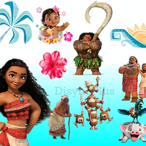 K&ouml;nnte beinhalten: Eine Sammlung bunter Comicfiguren aus dem Animationsfilm Vaiana. Zu den Figuren geh&ouml;ren Vaiana, Maui, Pua das Schwein, Hei Hei der Hahn und der Halbgott Maui. Die Figuren sind vor einem blauen Hintergrund mit einer Palme, Blumen und einer Sonne platziert.