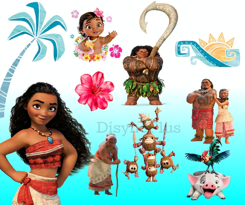 K&ouml;nnte beinhalten: Eine Sammlung bunter Comicfiguren aus dem Animationsfilm Vaiana. Zu den Figuren geh&ouml;ren Vaiana, Maui, Pua das Schwein, Hei Hei der Hahn und der Halbgott Maui. Die Figuren sind vor einem blauen Hintergrund mit einer Palme, Blumen und einer Sonne platziert.