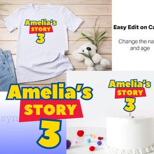 May include: A white t-shirt with a red and yellow graphic that says "Amelia's Story 3". The graphic is similar to the Toy Story logo. The t-shirt is on a wooden background with a stuffed toy dog.