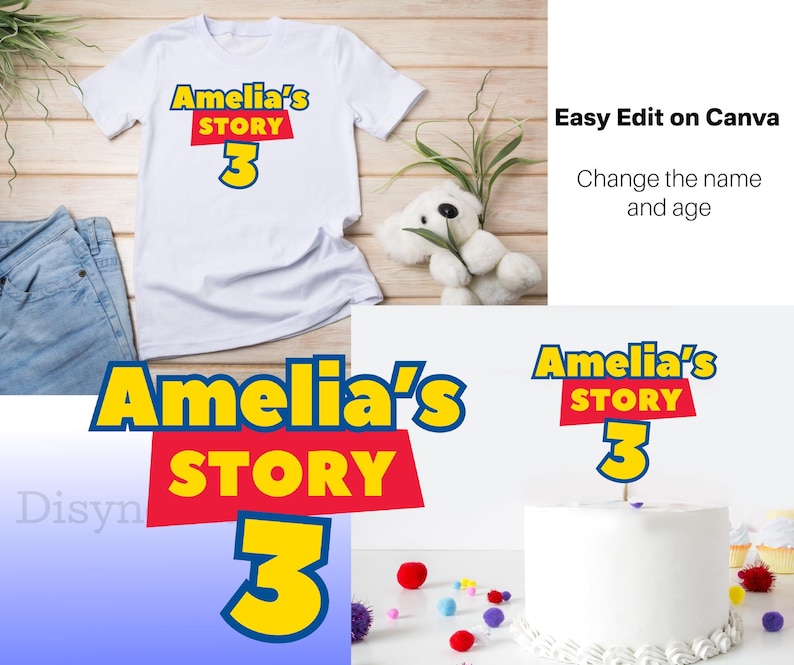 May include: A white t-shirt with a red and yellow graphic that says "Amelia's Story 3". The graphic is similar to the Toy Story logo. The t-shirt is on a wooden background with a stuffed toy dog.