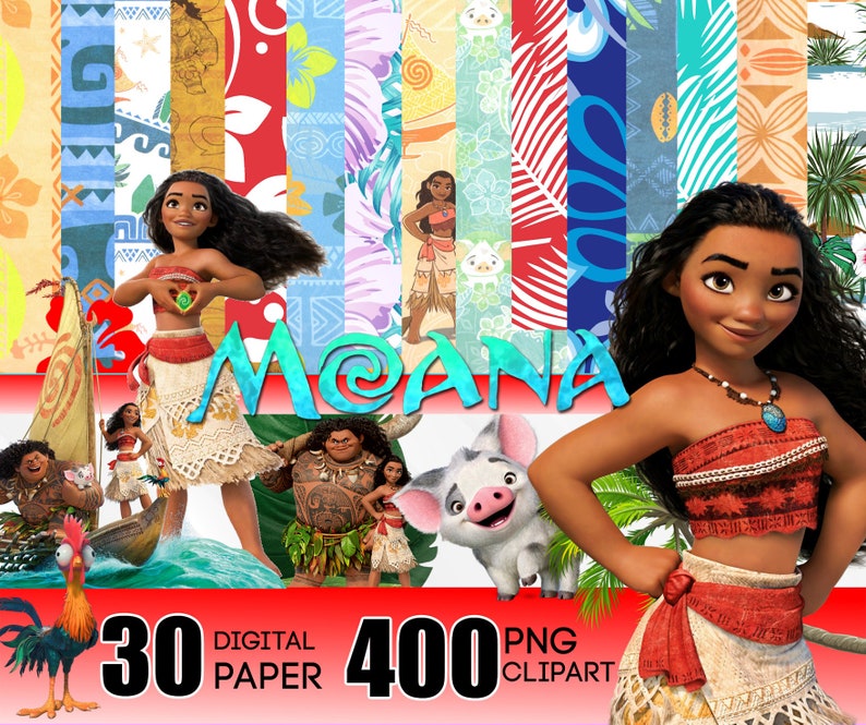 May include: A digital paper pack featuring 30 different patterns inspired by the Disney movie Moana. The pack includes 400 PNG clipart images. The patterns feature tropical flowers, leaves, and geometric designs in vibrant colors like blue, green, red, and yellow.
