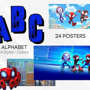 Puede incluir: Un conjunto de 24 p&oacute;sters con diferentes estilos de personajes de Spider-Man. Los p&oacute;sters incluyen un alfabeto azul y negro con un dise&ntilde;o de telara&ntilde;a, un personaje de Spider-Man rojo y negro, y un personaje de Spider-Man blanco y negro. El texto "24 P&oacute;sters" tambi&eacute;n est&aacute; incluido en la imagen.