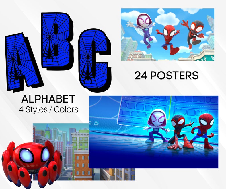 Puede incluir: Un conjunto de 24 p&oacute;sters con diferentes estilos de personajes de Spider-Man. Los p&oacute;sters incluyen un alfabeto azul y negro con un dise&ntilde;o de telara&ntilde;a, un personaje de Spider-Man rojo y negro, y un personaje de Spider-Man blanco y negro. El texto "24 P&oacute;sters" tambi&eacute;n est&aacute; incluido en la imagen.