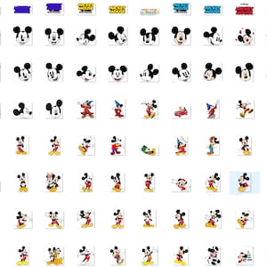 May include: A collection of 64 different Mickey Mouse images. The images show Mickey Mouse in various poses and expressions, including smiling, waving, and wearing different hats. The images are all in black and white.