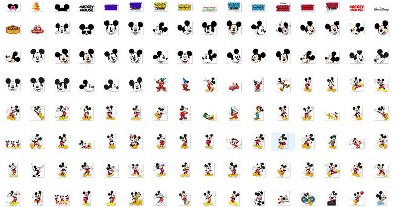 May include: A collection of 64 different Mickey Mouse images. The images show Mickey Mouse in various poses and expressions, including smiling, waving, and wearing different hats. The images are all in black and white.