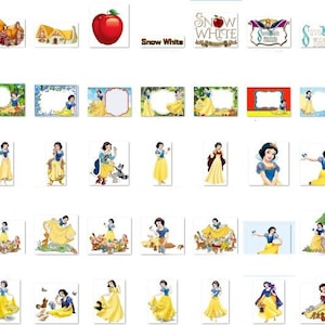 May include: A collection of digital clipart images featuring Snow White and the Seven Dwarfs. The images include Snow White in various poses, the Seven Dwarfs, a poisoned apple, a mirror, a cottage, and a well.