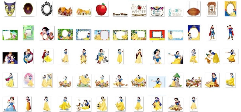 May include: A collection of digital clipart images featuring Snow White and the Seven Dwarfs. The images include Snow White in various poses, the Seven Dwarfs, a poisoned apple, a mirror, a cottage, and a well.