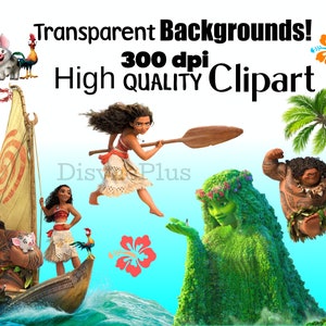 K&ouml;nnte beinhalten: Ein digitales Clipart-Set mit Charakteren aus dem Animationsfilm Vaiana. Das Set enth&auml;lt Vaiana, Maui, Te Fiti sowie ein Schwein und einen Hahn. Die Charaktere befinden sich auf einem transparenten Hintergrund.