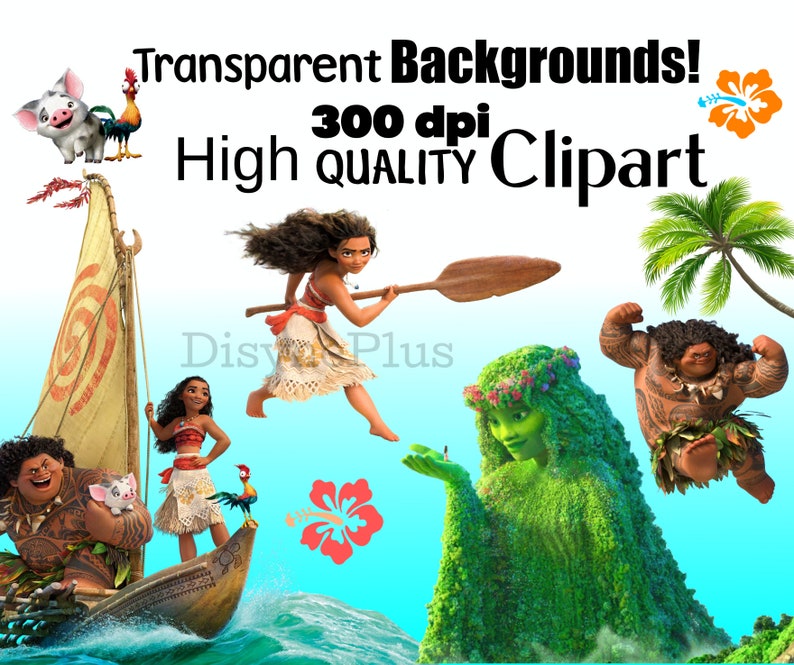 K&ouml;nnte beinhalten: Ein digitales Clipart-Set mit Charakteren aus dem Animationsfilm Vaiana. Das Set enth&auml;lt Vaiana, Maui, Te Fiti sowie ein Schwein und einen Hahn. Die Charaktere befinden sich auf einem transparenten Hintergrund.