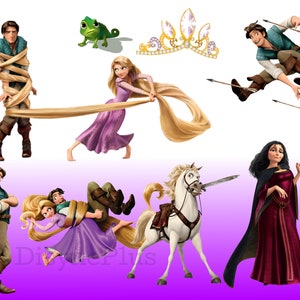 May include: A scene from the animated film Tangled featuring Rapunzel, Flynn Rider, Mother Gothel, and Pascal the chameleon. Rapunzel is pulling Flynn Rider with her long blonde hair. Mother Gothel is wearing a long red dress and a black cloak. Pascal is green and has a long tongue.