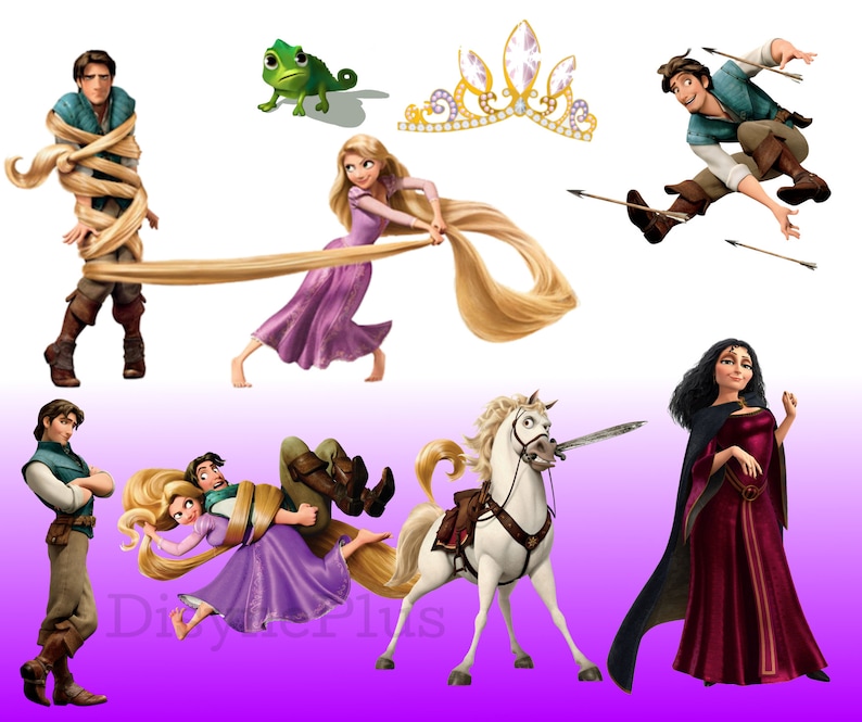 May include: A scene from the animated film Tangled featuring Rapunzel, Flynn Rider, Mother Gothel, and Pascal the chameleon. Rapunzel is pulling Flynn Rider with her long blonde hair. Mother Gothel is wearing a long red dress and a black cloak. Pascal is green and has a long tongue.