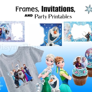 May include: Frozen II party printables featuring frames, invitations, and a t-shirt with a graphic of the characters from the movie. There are also cupcake toppers with images of Elsa and Anna.