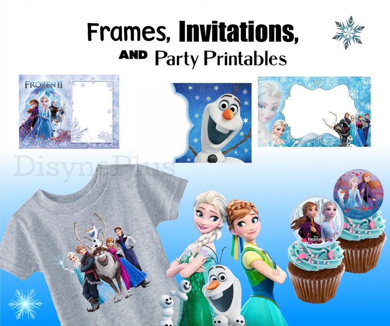 May include: Frozen II party printables featuring frames, invitations, and a t-shirt with a graphic of the characters from the movie. There are also cupcake toppers with images of Elsa and Anna.