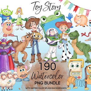 Könnte beinhalten: Eine digitale Sammlung von Toy Story Aquarellillustrationen mit Woody, Buzz Lightyear, Jessie, Bullseye, Rex, Hamm, Slinky Dog, Mr. und Mrs. Potato Head, Alien, Forky und Zurg. Der Text lautet Toy Story 190 Watercolor PNG BUNDLE.