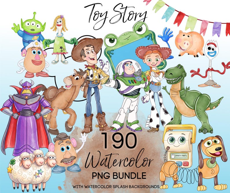 May include: A digital collection of Toy Story watercolor illustrations featuring Woody, Buzz Lightyear, Jessie, Bullseye, Rex, Hamm, Slinky Dog, Mr. and Mrs. Potato Head, Alien, Forky, and Zurg. The text reads Toy Story 190 Watercolor PNG BUNDLE.