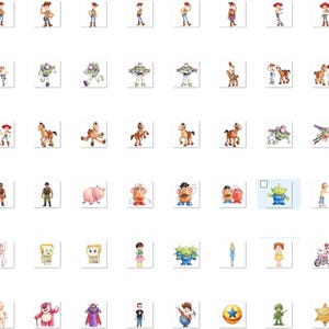May include: A collection of small, square digital illustrations featuring various characters and icons from the Toy Story franchise, including Woody, Buzz Lightyear, Jessie, Rex, Slinky Dog, Mr. Potato Head, and other recognizable figures in a grid layout.