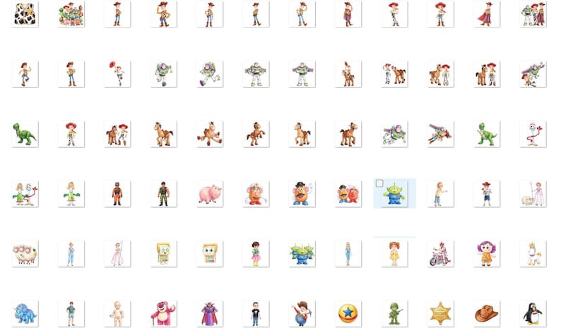 May include: A collection of small, square digital illustrations featuring various characters and icons from the Toy Story franchise, including Woody, Buzz Lightyear, Jessie, Rex, Slinky Dog, Mr. Potato Head, and other recognizable figures in a grid layout.