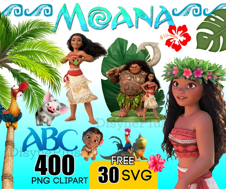 K&ouml;nnte beinhalten: Ein Set mit 400 PNG-Clipart-Bildern mit Charakteren aus dem Disney-Film Moana. Das Set enth&auml;lt Moana, Maui, Pua das Schwein, Hei Hei den Hahn und andere Charaktere. Die Bilder sind perfekt f&uuml;r Basteln, Scrapbooking und andere kreative Projekte. Das Set enth&auml;lt au&szlig;erdem 30 kostenlose SVG-Dateien.