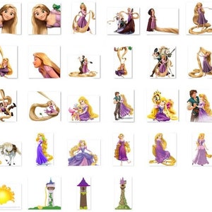 May include: A collection of digital clipart images featuring a young woman with long blonde hair, a purple dress, and a variety of poses and expressions. The images also include a man with brown hair, a horse, a chameleon, and a tower.