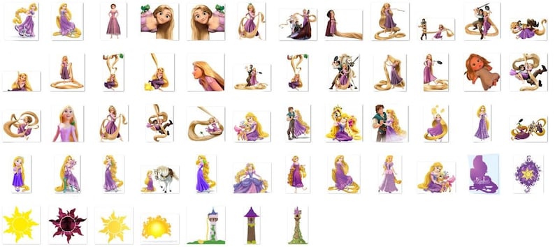 May include: A collection of digital clipart images featuring a young woman with long blonde hair, a purple dress, and a variety of poses and expressions. The images also include a man with brown hair, a horse, a chameleon, and a tower.