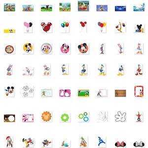 May include: A collection of digital images featuring Mickey Mouse, Minnie Mouse, Donald Duck, and other Disney characters. The images are in various styles and colours, and include both full-body and close-up shots. Some images feature text, such as "Happy Birthday" or "Mickey Mouse".