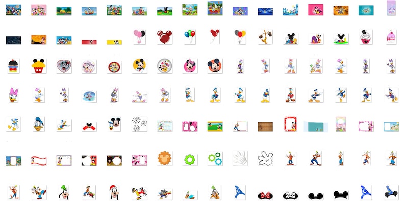 May include: A collection of digital images featuring Mickey Mouse, Minnie Mouse, Donald Duck, and other Disney characters. The images are in various styles and colours, and include both full-body and close-up shots. Some images feature text, such as "Happy Birthday" or "Mickey Mouse".