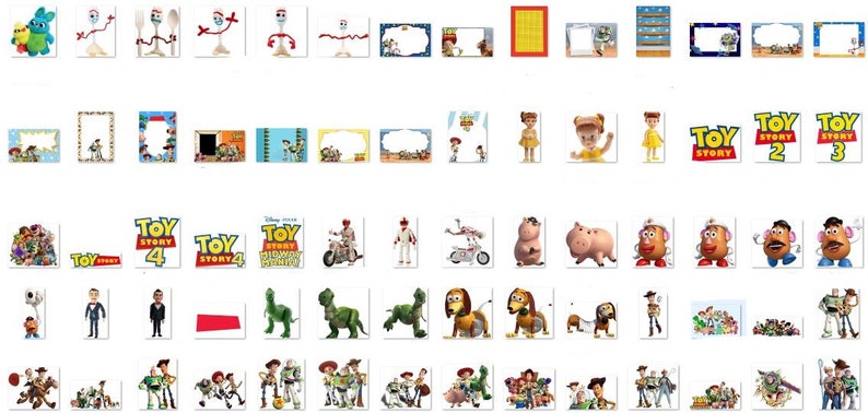 May include: A collection of printable images featuring characters from the Toy Story movies. The images include Woody, Buzz Lightyear, Jessie, Mr. and Mrs. Potato Head, Rex, and more. The images are perfect for creating party decorations, invitations, or other crafts.