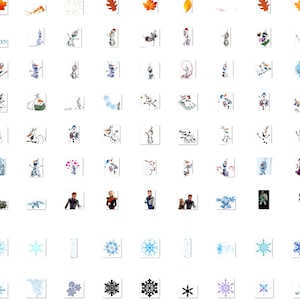 May include: A collection of Frozen-themed digital clipart images, featuring characters like Olaf, Elsa, Anna, and Kristoff, as well as snowflakes, winter scenes, and the words "Frozen".
