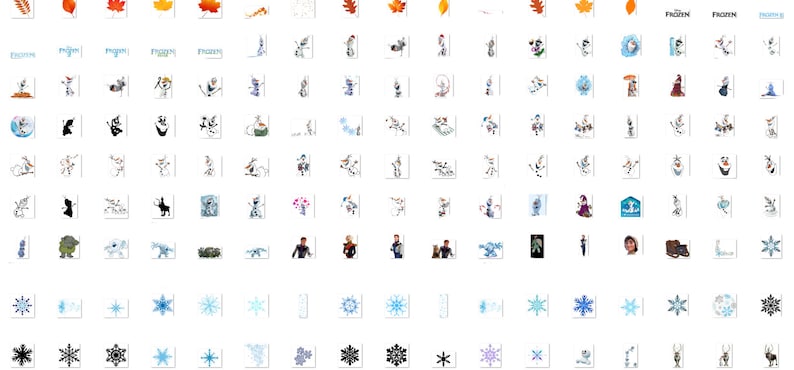 May include: A collection of Frozen-themed digital clipart images, featuring characters like Olaf, Elsa, Anna, and Kristoff, as well as snowflakes, winter scenes, and the words "Frozen".